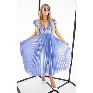 NWT $695 ALICE & OLIVIA NIESHA SUNBURST PALACE BLUE MIDI DRESS Glossy Pleated 0